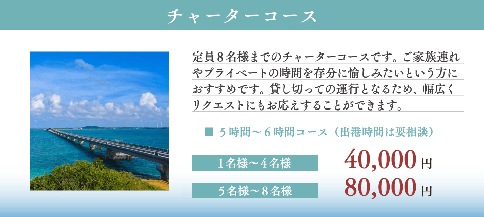 【チャーターコース】
定員8名様までのチャーターコースです。ご家族連れやプライベートの時間を存分に愉しみたいという方におすすめです。貸し切っての運行となるため、幅広くリクエストにもお応えすることができます。
5時間~6時間コース(出港時間は要相談)
【費用】
1~4名様 40,000円
5~8名様 80,000円 【チャーターコース】
定員8名様までのチャーターコースです。ご家族連れやプライベートの時間を存分に愉しみたいという方におすすめです。貸し切っての運行となるため、幅広くリクエストにもお応えすることができます。
5時間~6時間コース(出港時間は要相談)
【費用】
1~4名様 40,000円
5~8名様 80,000円