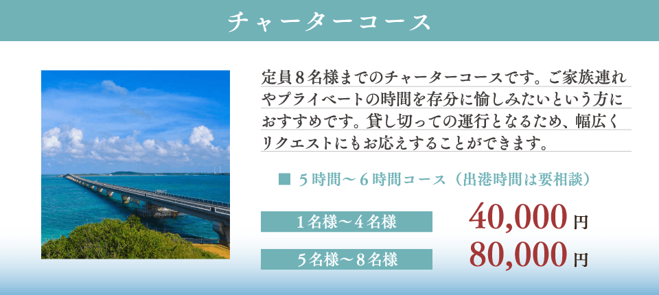 【チャーターコース】
定員8名様までのチャーターコースです。ご家族連れやプライベートの時間を存分に愉しみたいという方におすすめです。貸し切っての運行となるため、幅広くリクエストにもお応えすることができます。

５時間～６時間コース（出港時間は要相談）

【費用】
１～４名様　40,000円
５～８名様　80,000円